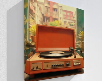 May include: A retro-style record player with an orange lid and wooden base. A black vinyl record sits on the turntable. The canvas print is labeled "Stretched Canvas". The background shows a blurred cityscape.