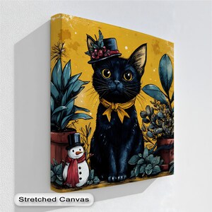 Zwarte kat kerstcanvaskunst: grillig vakantiedecor