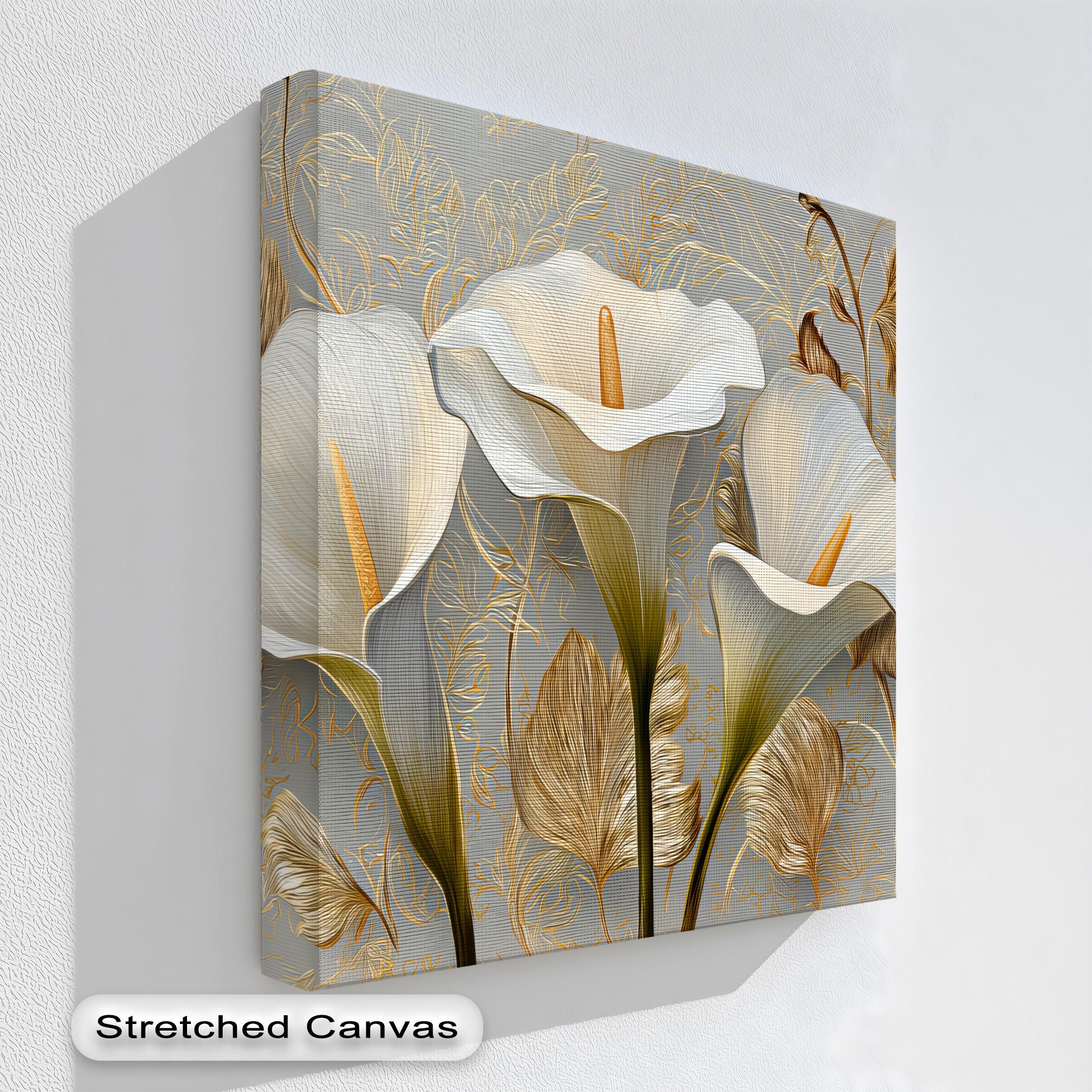 Calla Lily Canvas Wall Art: Anthracite Frame, Gold Floral Accent