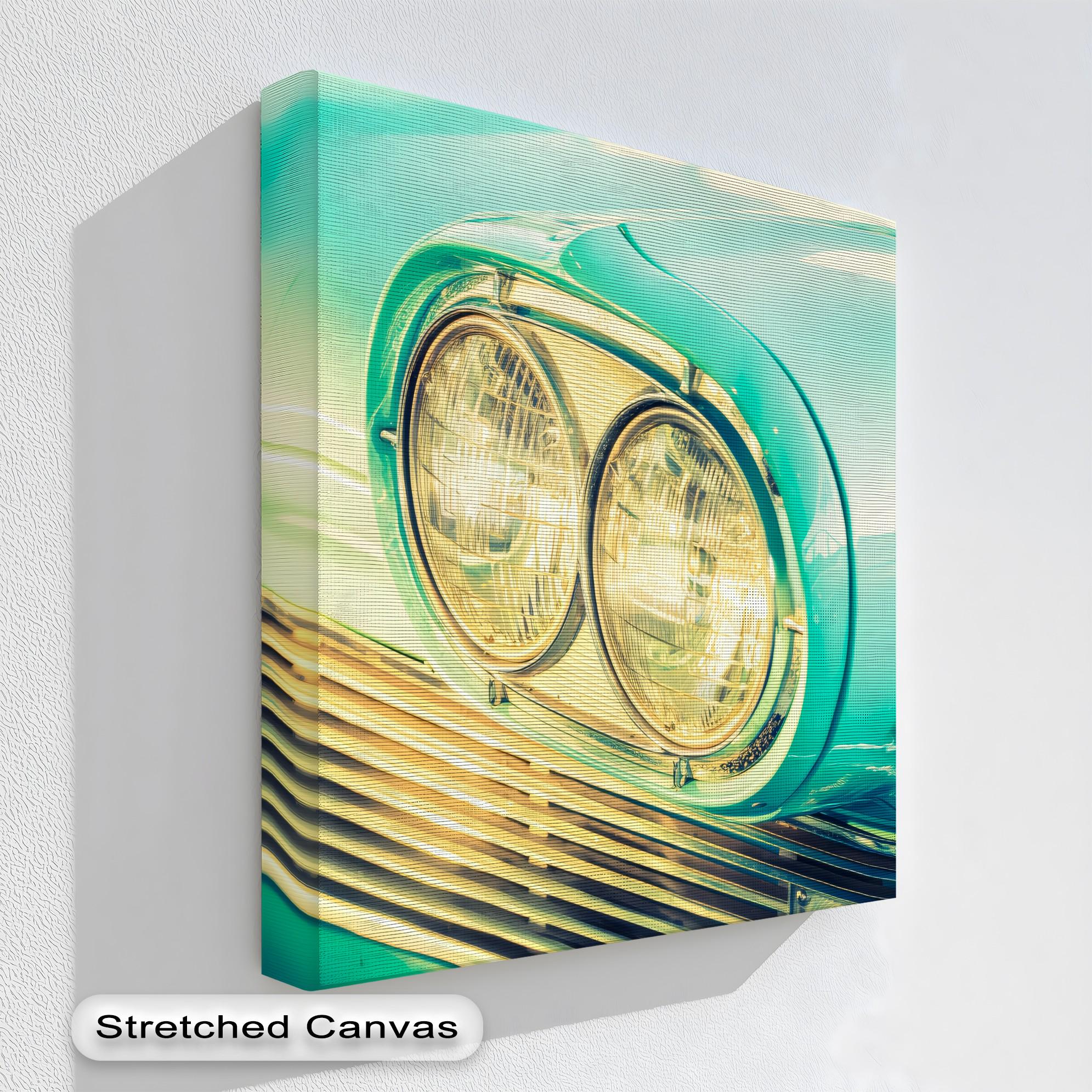 Turquoise Classic Car Print: Retro Headlight Canvas Art in Silver