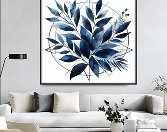 Navy Botanical Canvas Art: Minimalist Blue Leaf Print with Floating Frame