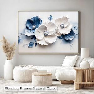 Navy & White Floral Canvas Art: Modern Botanical with Black Frame