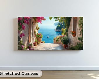 Lienzo decorativo con vista a la costa mediterránea: paisaje floral junto al mar, lámina enmarcada.