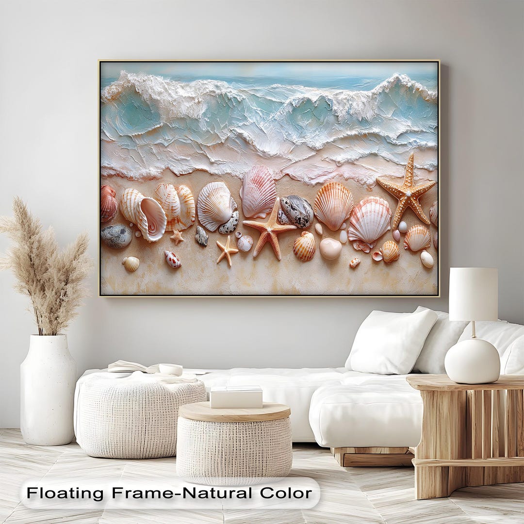 Seashell and Starfish Beach Wall Art, Ocean Wave Coastal Canvas ...