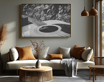 Black & White Acoustic Guitar Canvas Art: Rustic Music Room Decor
