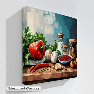 Spezie e verdure come decorazione murale – Tela rustica da cucina con peperoni rossi, erbe aromatiche, aglio e pomodori per spazi di cottura vivaci, tela da parete