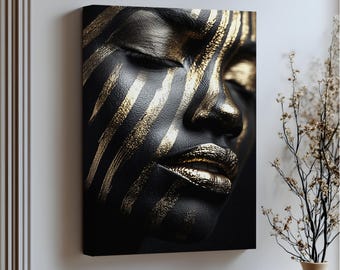 Golden Stripes Wall Art – Black and Gold Face Canvas with Gold Floating Frame, Luxury Abstract Modern Glam Artwork
