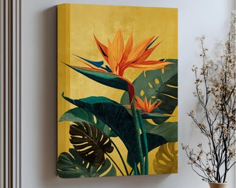 Impresión en lienzo de Ave del Paraíso: Arte mural botánico dorado y verde con marco negro