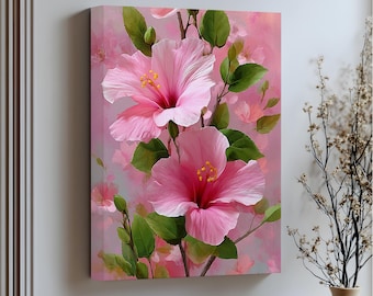 Pink Hibiscus Flower Canvas Art: Botanical Print with Gold Frame