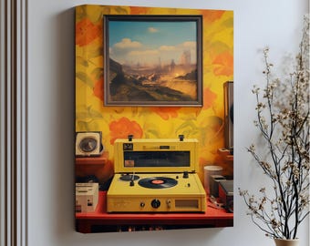 Puede incluir: Un tocadiscos amarillo vintage con un disco de vinilo negro sobre una mesa roja. Una pintura de paisaje enmarcada cuelga encima, sobre un papel pintado floral. Las palabras "Stretched Canvas" están en la parte inferior.
