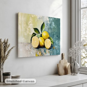 Quadro da parete con dipinto a olio di limone – Tela da cucina vivace con cornice antracite, stampa moderna di frutta per un arredamento fresco e accogliente.