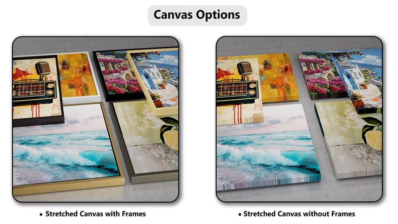 two different types of canvas options: one with a stretched canvas framed and one without a stretched canvas without frames.