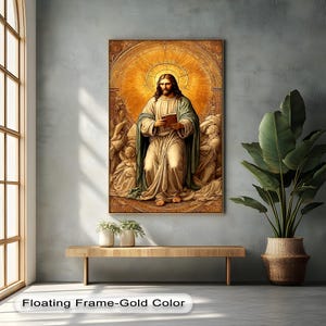 Sacred Jesus Vertical Wall Art, Gold Framed Christian Canvas Print for Prayer Room and Spiritual Home Decor,Canvas Wall Art