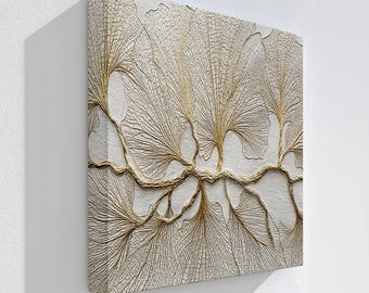 Abstracte canvaskunst bladgoudader: 3D botanische textuur, zwevende lijst