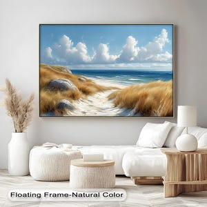 Art mural de dunes de sable côtières, toile sereine de chemin de plage, peinture de paysage d&#39;océan, décoration de salon côtière