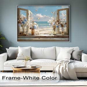 Blue Floral Beach View Canvas Art: Cottagecore Coastal Decor