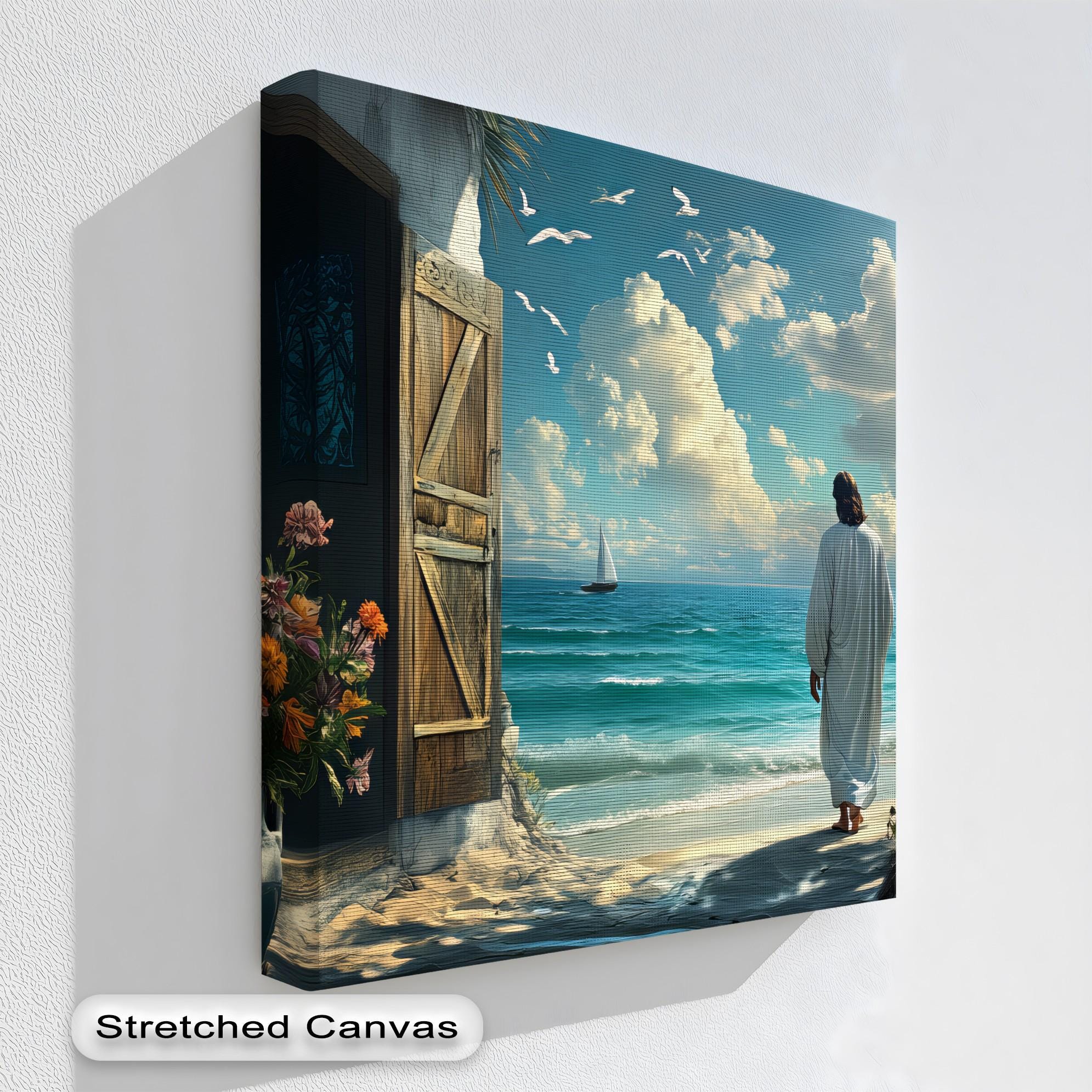 Jesus Walking by the Sea Canvas Art: Coastal Christian Wall Decor