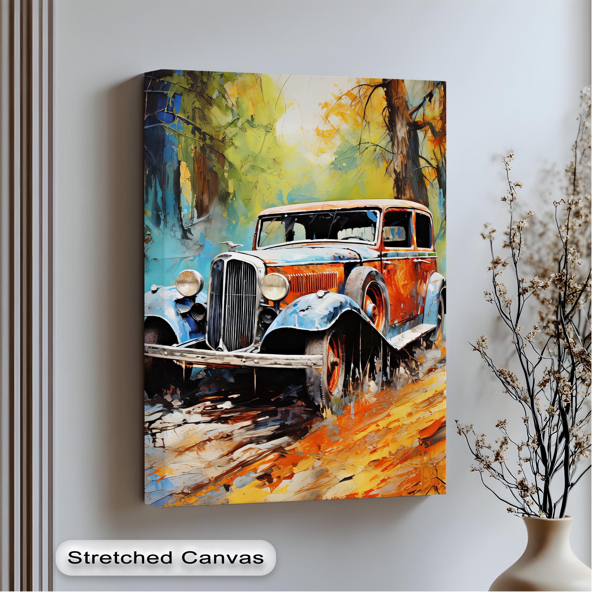 Vintage Red & Blue Car Canvas Art: Autumn Forest, Gold Floating