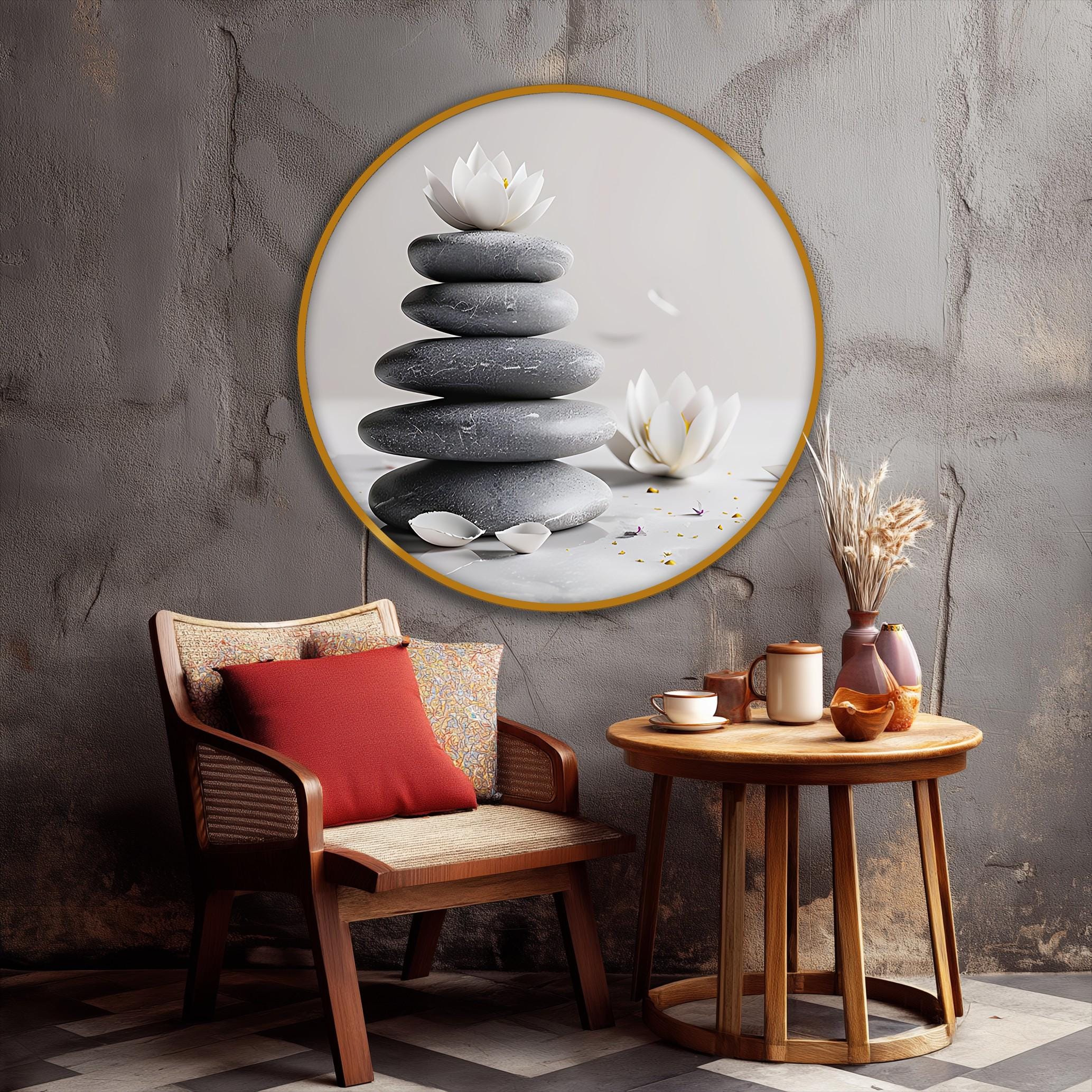 Zen Stone Balance Round Wall Art, Lotus Flower Spa Decor, Framed Canvas ...