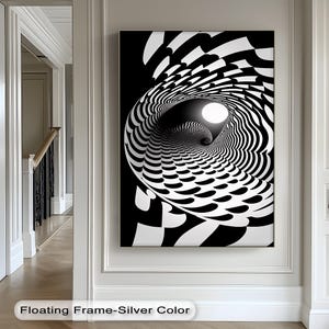 Optical Illusion Spiral Canvas Art: Black and White Print, Silver Frame