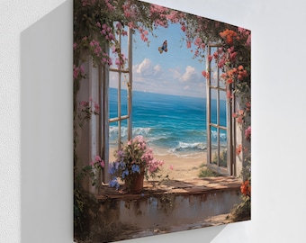 May include: Stretched canvas art print showing an open window with a view of a beach and ocean. The window is adorned with pink and red flowers. A butterfly flits in the blue sky. A pot of pink flowers sits on the windowsill.