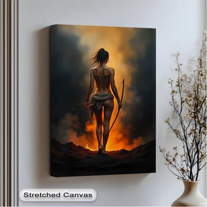 Female Warrior Canvas Print: Firelight Archer Art in Black Frame