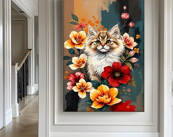 Blommig kattcanvas: Färgglatt husdjursporträtt med blommor