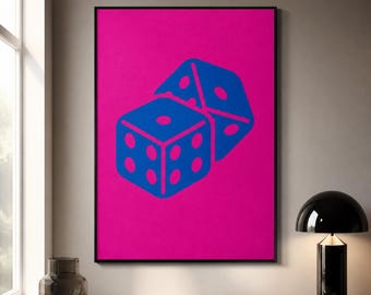 Blue Dice Framed Canvas Wall Art, Hot Pink Game Room Decor, Modern Casino Print, Colorful Pop Art for Bedroom Lounge