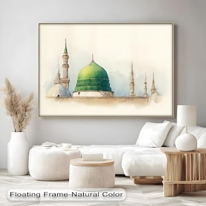 Green Dome Medina Canvas Wall Art, Islamic Watercolor Masjid An-Nabawi Painting, Spiritual Muslim Home Décor
