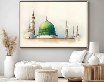 Green Dome Medina Canvas Art: dipinto ad acquerello islamico con cornice dorata