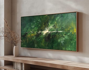 Green Abstract Panoramic Canvas Art: Modern Textured Painting with Black Frame