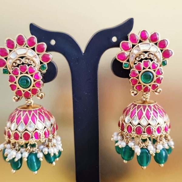 Jadau One Gram Jhumka Earrings, Traditional Indian Earrings, Affordable Jadau Jhumka Earrings, One Gram Gold Jewelery