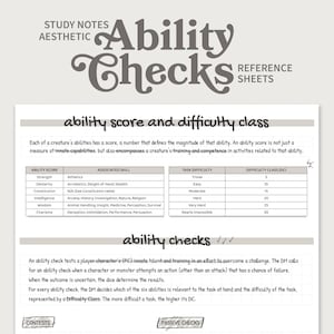 May include: A black and white graphic with the text "Ability Checks" in a large, stylized font. The graphic explains how to determine the difficulty class (DC) for a task in a role-playing game. The DC is based on the difficulty of the task and the ability score of the character attempting the task.
