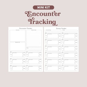 May include: A white and grey mini kit featuring the text "MINI KIT" and "Encounter Tracking" in a brown, decorative font. The kit includes an encounter tracker and an enemy tracker, with spaces for descriptions, initiative, rewards, and enemy details.