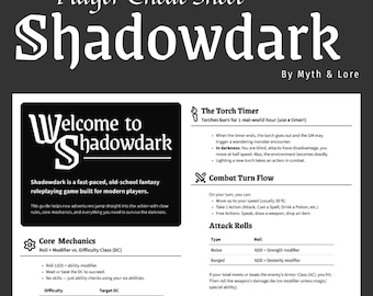 Cheatsheet Shadowdark | Afdrukbare spelerreferentie van één pagina | Snelstart-pdf voor nieuwe TTRPG-spelers