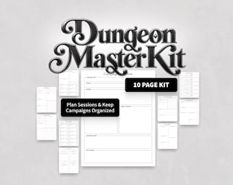 Könnte beinhalten: Ein Dungeon Master Kit bestehend aus zehn weißen Papierbögen mit schwarzem Text und Linien zur Kampagnenplanung. Das Set enthält Beschriftungen mit 10 PAGE KIT und Plan Sessions & Keep Campaigns Organized sowie einen Titel.