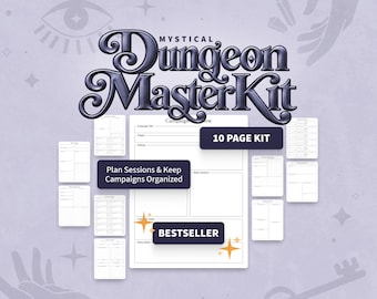 May include: A 10-page Mystical Dungeon Master Kit featuring white organizational sheets for campaign planning. The text reads Mystical Dungeon Master Kit, 10 PAGE KIT, Plan Sessions & Keep Campaigns Organized, and BESTSELLER.