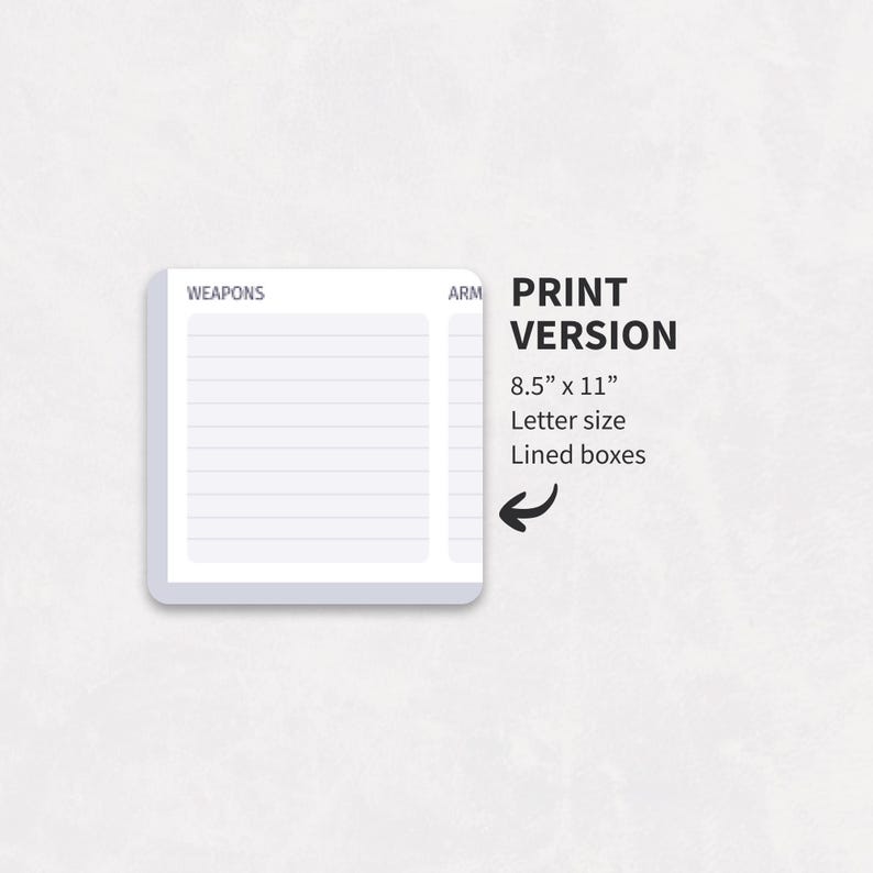 K&ouml;nnte beinhalten: Ein wei&szlig;es Blatt Papier mit dem Text PRINT VERSION, 21,59 cm x 27,94 cm, Letter size, Lined boxes und einem Pfeil, der auf einen Bereich namens WEAPONS mit horizontalen Linien in einem rechteckigen Feld f&uuml;r Notizen zeigt.
