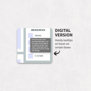 K&ouml;nnte beinhalten: Eine digitale Ressourcen-Tracker-Karte mit einem Abschnitt namens RESOURCES, Feldern f&uuml;r TORCHES und FT. OF ROPE. Ein dunkelgraues Infofeld zeigt Text &uuml;ber Fackeln, rechts steht der Text DIGITAL VERSION.