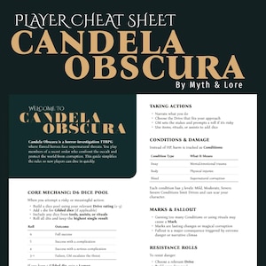 Può includere: Un foglio di trucchi per giocatori di Candela Obscura, un TTRPG di investigazione horror. Il foglio verde scuro presenta il titolo del gioco in testo grande e stilizzato. Include sezioni su meccaniche di base, condizioni, danni e tiri di resistenza.