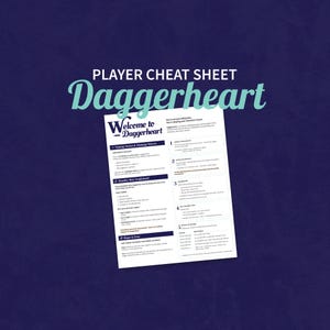 May include: A white Daggerheart player cheat sheet document with dark blue text and headers. The page includes sections titled Welcome to Daggerheart, Taking Turns & Making Moves, Duality Dice Explained, and Hope & Fear, with numbered steps.