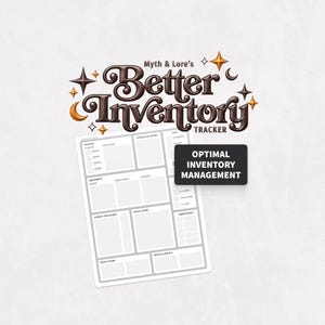 K&ouml;nnte beinhalten: Ein wei&szlig;es Inventar-Tracker-Blatt mit dunkelbraunem Text Myth & Lore's Better Inventory Tracker, mit Abschnitten f&uuml;r Tr&auml;nke, Ausr&uuml;stung und Sch&auml;tze sowie einem schwarzen rechteckigen Etikett mit der Aufschrift Optimal Inventory Management.