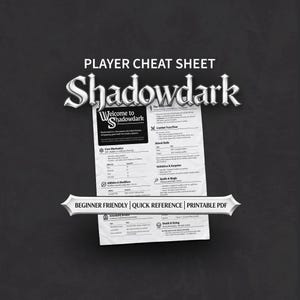 Könnte beinhalten: Ein weißes Spieler-Spickzettel-Blatt für das Shadowdark-Rollenspiel. Das Dokument enthält Abschnitte zu Kernmechaniken, Kampfablauf, Angriffswürfen, Initiative, Zaubersprüchen, Magie, Inventar, Ausrüstung sowie Regeln für Tod und Sterben.