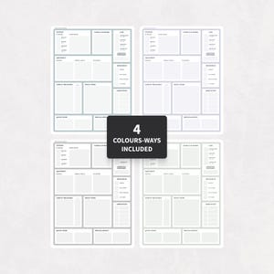 K&ouml;nnte beinhalten: Vier digitale Charakter-Inventarbl&auml;tter mit Abschnitten f&uuml;r Tr&auml;nke, Schriftrollen, B&uuml;cher, Ausr&uuml;stung, Ressourcen und Lebenshaltungskosten. Ein zentrales schwarzes Etikett zeigt den wei&szlig;en Text 4 COLOURS-WAYS INCLUDED.