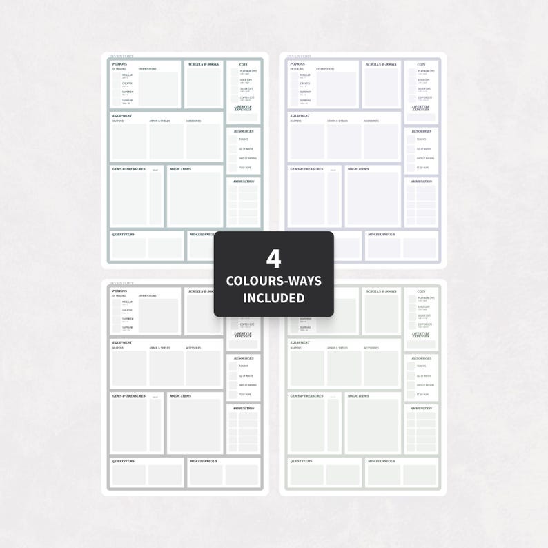 K&ouml;nnte beinhalten: Vier digitale Charakter-Inventarbl&auml;tter mit Abschnitten f&uuml;r Tr&auml;nke, Schriftrollen, B&uuml;cher, Ausr&uuml;stung, Ressourcen und Lebenshaltungskosten. Ein zentrales schwarzes Etikett zeigt den wei&szlig;en Text 4 COLOURS-WAYS INCLUDED.