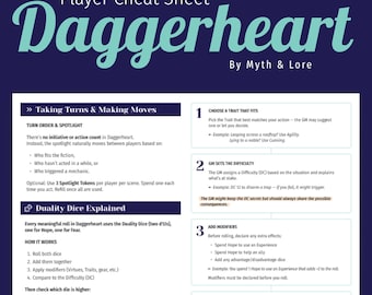 Hoja de trucos para jugadores de Daggerheart / PDF de referencia de TTRPG para principiantes / Guía de dados de dualidad y sistema de esperanza/miedo