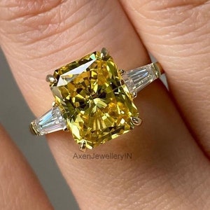 Canary Yellow Diamond Ring Three Stone Engagement Ring Fancy Yellow Gemstone Wedding Ring 14K Gold Radiant Cut Anniversary Promise Ring
