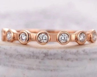 Unique Bezel Set Band, Half Eternity Band In Rose Gold, Round Shape Colorless Moissanite Band, Wedding Band, Bridal Set band, Matching band