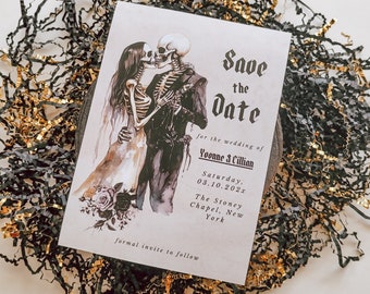 Save the Date Card Goth Wedding Skull Announcement Black Floral Dark Digital Invitation Skeleton Couple Wedding Stationery Eerie Love Invite