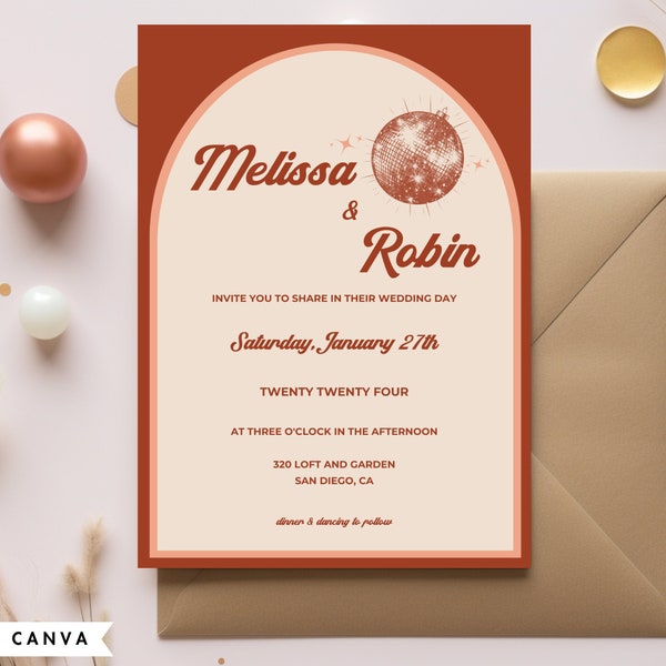 Digital Retro Wedding Invitation Lets Groove 70s Card Ruby Pink Printable Wheat Yellow Wedding Invite Ballerina Pink Saddle Brown Ecru Disco